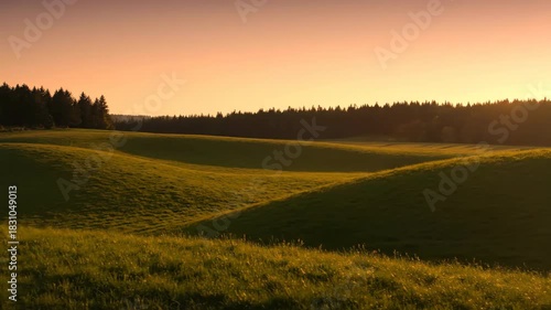 Rolling green hills and forest at sunset with an orange sky.