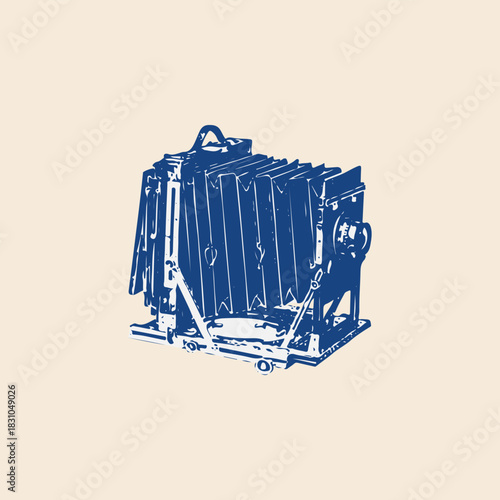 Old vintage analog film bellows camera with flash icon