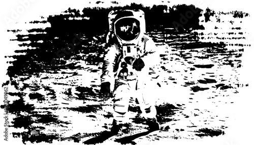 Astronaut in a space suit on the moon surface. Black and white vector illustration capturing the essence of space exploration.
