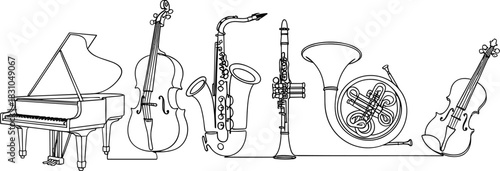 Continuous line illustration of classical musical instruments including piano, violin, cello, saxophone, clarinet, horn, and viola for orchestra and music education designs