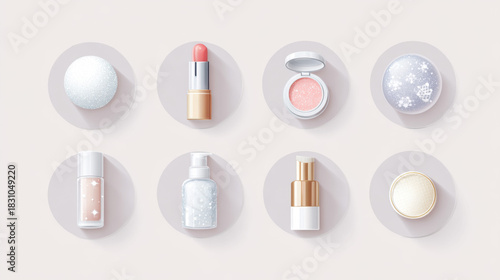 Elegant collection of minimalist beauty and personal care product illustrations, featuring various makeup essentials and skincare items as modern icons