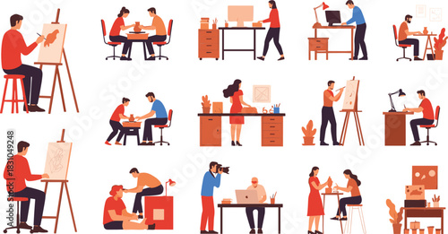 Creative people working vector set showing artists, designers, illustrators, photographers, and office professionals in modern workspace scenes for teamwork and creativity concepts