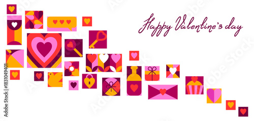Happy Valentine Day greeting card. Holiday background with romantic items and love symbols.