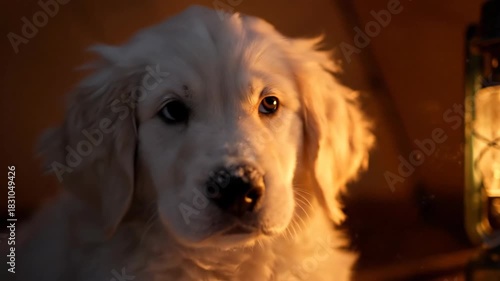 Close up of a puppy near a lit lantern in a dimly lit setting.