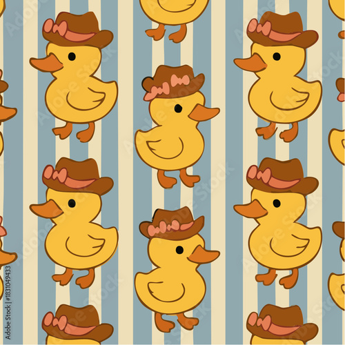 cowgirl duck pattern with pink bows and vertical pastel stripes in playful western repetition