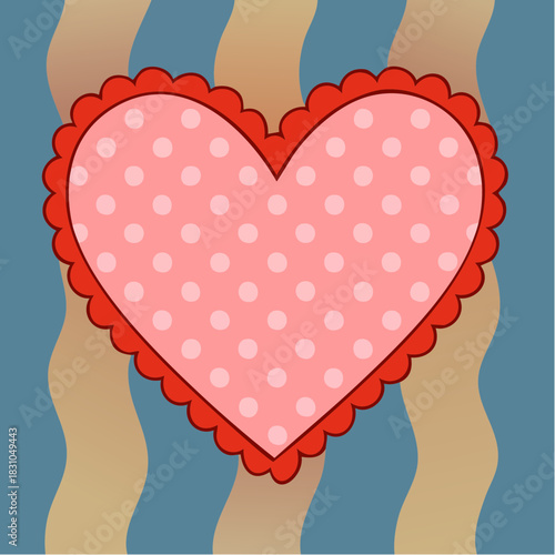 pink polka dot heart with scalloped red edge on wavy blue and beige striped backdrop