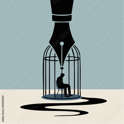 fountain pen cage with seated figure and winding ink trail in metaphor of creative confinement