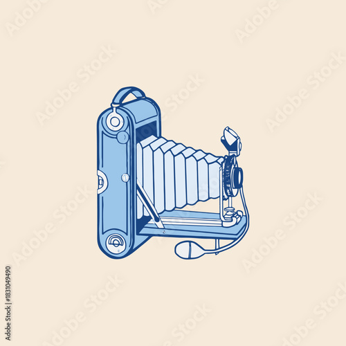 Old vintage analog film bellows camera with flash icon