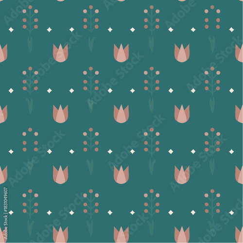 stylized tulip and berry grid on teal with white diamonds and rhythmic floral symmetry