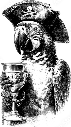 A pirate parrot in a vintage hat holding a goblet. Detailed black and white vector illustration of this character emphasizes a nautical theme.