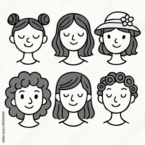 diverse cartoon hairstyles with expressive female faces in playful grid of stylized character design