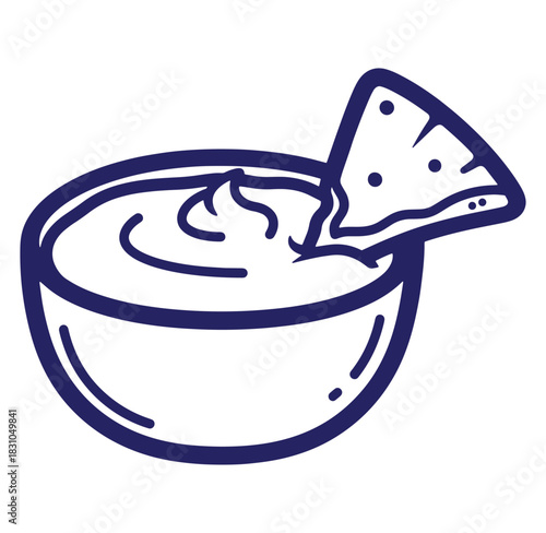 Bowl of creamy dip with nacho chip dipping into delicious sauce with simple outline