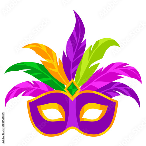 Mardi Gras mask with feathers. Carnival illustration for traditional holiday or festival.
