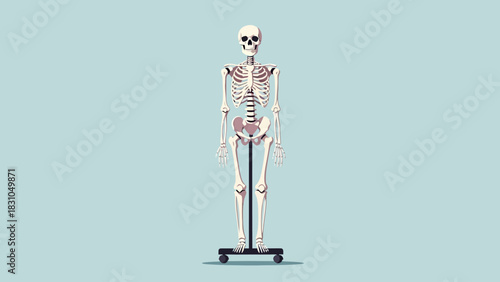 Anatomical skeleton on a rolling stand against a pale blue background