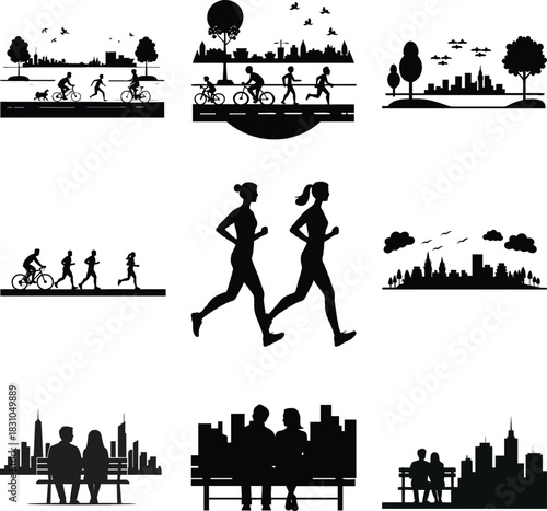 Collection of black and white silhouettes depicting diverse outdoor activities like running, cycling, and relaxing in park and city environments.
