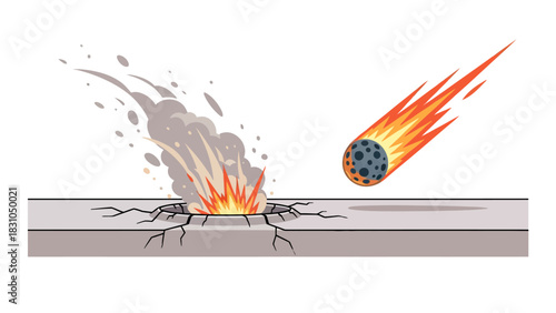 Asteroid impact creating crater and explosion with a meteor streaking in