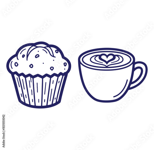 Delicious blueberry muffin and latte with heart shaped foam design elements in monochrome style