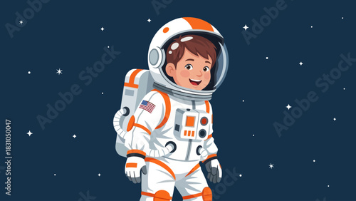 Astronaut boy in a white and orange suit floating in space with stars