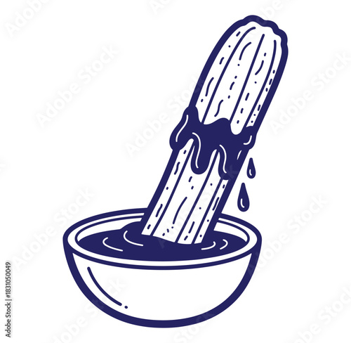 Delicious churro dipped in melted chocolate in a cute and playful black and white style.