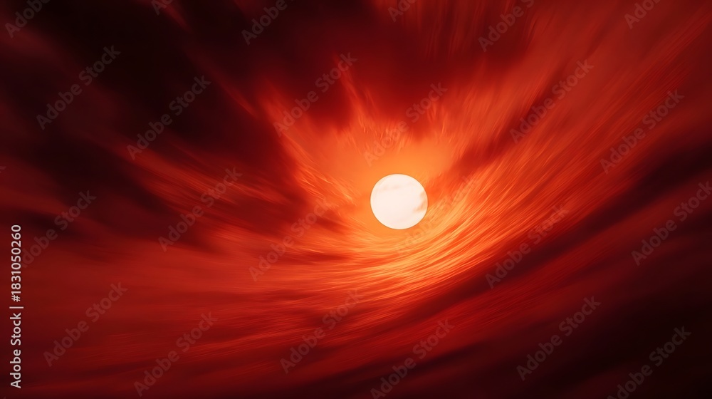 Obraz premium A vivid celestial phenomenon bright sun emerges through swirling crimson clouds evoking intense atmospheric energy