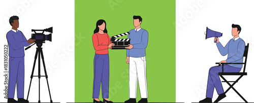 Film production concept illustration showing cameraman, actors with clapperboard on green screen, and director using megaphone for movie, video, and media creation