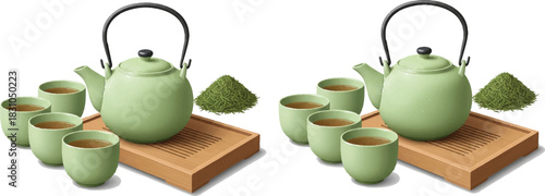 Green teapot, teacups with tea, wooden tray, tea leaves, mirrored setup, spot the difference, Japanese style, Zen composition
