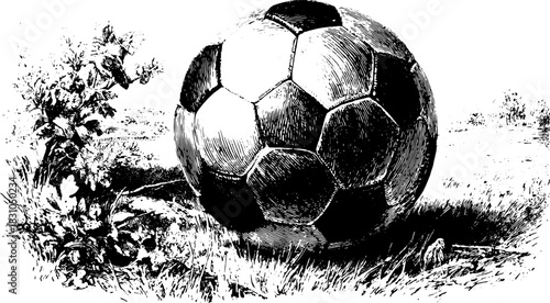 Soccer ball in vintage outline style. Black and white illustration set featuring nature elements like grass. Vector artwork showcasing sports equipment.