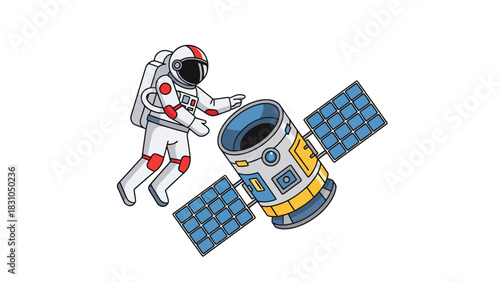 Astronaut near a satellite with solar panels
