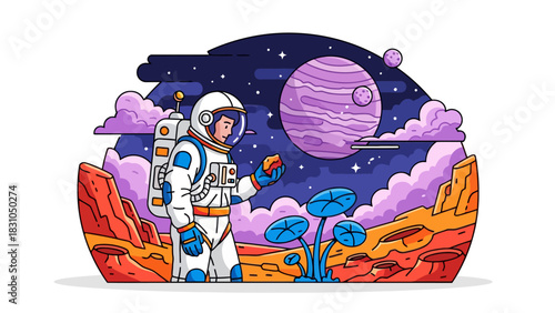 Astronaut on an alien planet with a large planet in the sky
