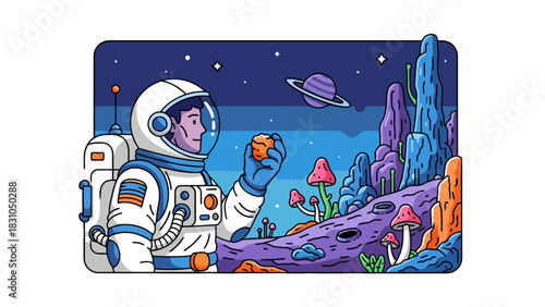 Astronaut on an alien planet with strange flora and a ringed planet in the sky
