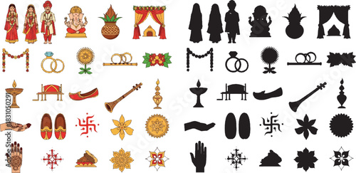 Indian wedding icons, cultural symbols, traditional rituals, bride groom illustration, mandap, Ganesha, diya, henna, garland, silhouette, festive elements