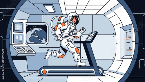 Astronaut running on treadmill inside a space station with Earth visible on screen