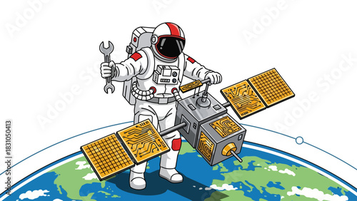 Astronaut repairs satellite above a green and blue Earth