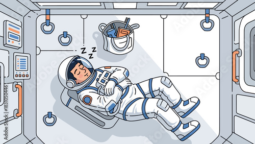 Astronaut sleeping in a spacecraft cabin