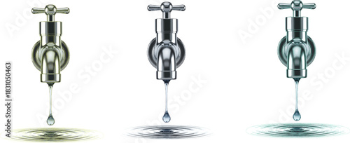 Metallic faucet illustration, dripping water, ripple effect, color variation, fluid motion concept, water conservation theme, modern plumbing design, symbolic layout
