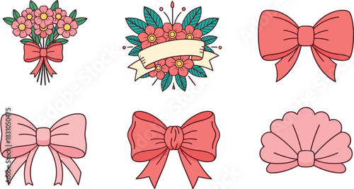 Floral bouquet and decorative ribbon bow illustration set featuring romantic flowers, elegant bows, feminine ornaments, wedding decoration elements, and vintage design accents