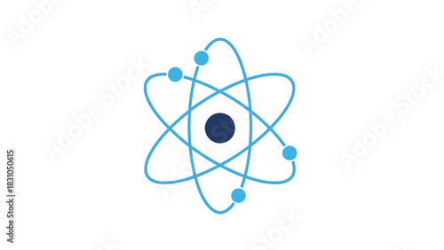 Atom model with dark blue nucleus and light blue orbits and electrons