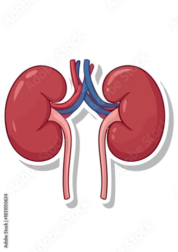 Anatomical cartoon illustration of the human renal system showing two healthy kidneys with artery and vein on a white background