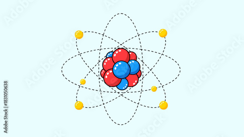 Atomic model with red and blue nucleus orbiting yellow electrons