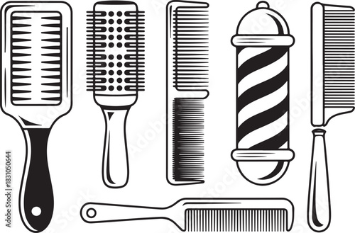 Hairdressing salon equipment concept with barber pole or comb set and hair brush collection for hairstyling beauty tool and shop sign