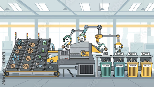 Automated recycling plant with conveyor belts and robotic arms