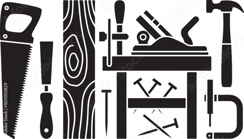 Illustration of Carpentry Tools Silhouettes like Saw, Chisel, Wooden Plank, Hammer, Nails on Transparent Background, Vector Graphics