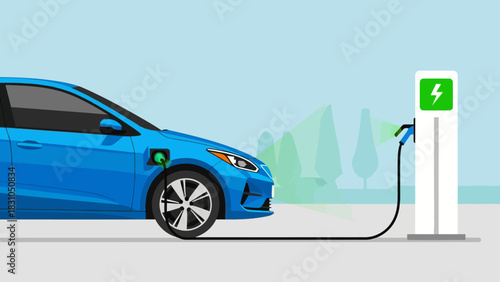 Blue electric car charging at a station