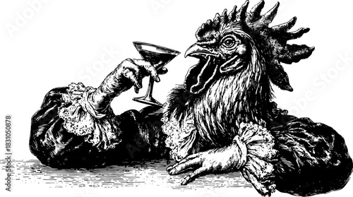 Rooster holding a cocktail glass in a vintage style. Detailed black and white vector illustration of a classic drink and fowl character.
