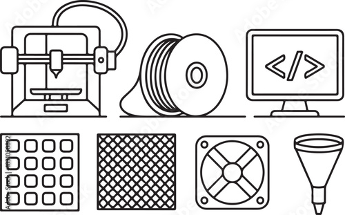 Outline Icons Representing Modern 3D Printer Equipment and Design Program Elements, Vector Illustration on Transparent Background