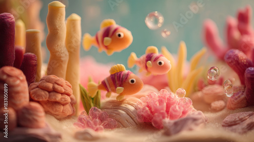 Fototapeta Naklejka Na Ścianę i Meble -  Whimsical underwater scene with colorful fish and coral reef