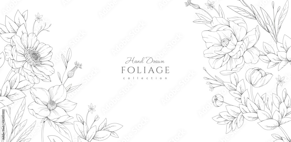 Naklejka premium Vibrant background with flowers and trendy botanical elements. Retro hand drawn leaves branches and blooming. Modern elegant wildflowers for invitation save the date card. Vector