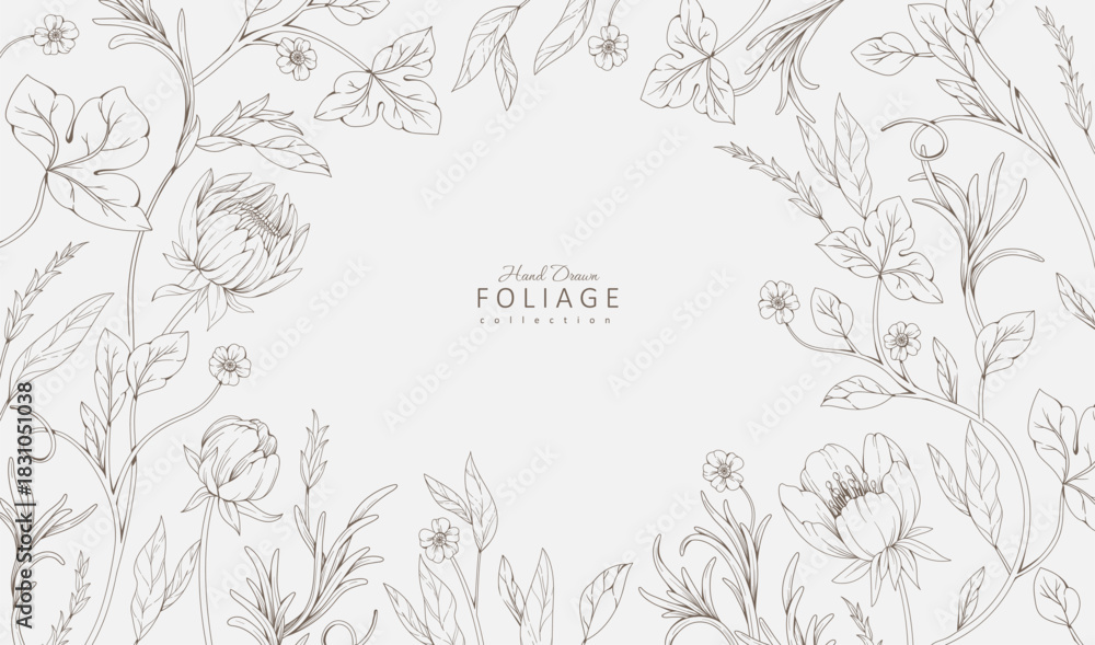 Fototapeta premium Floral bakground or wallpaper with tender flowers and leaves. Botanical foliage for wedding invitation or wall art. Vector illustration