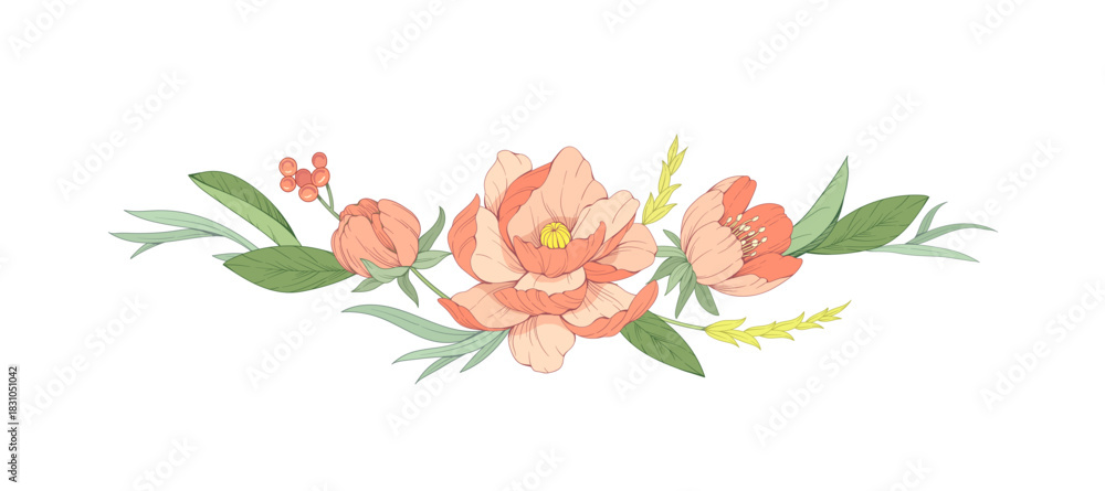 Obraz premium Botanic set of detailed various flowers and brunch. Luxury vintage floral collection for wedding invitation, wallpaper art or save the date card