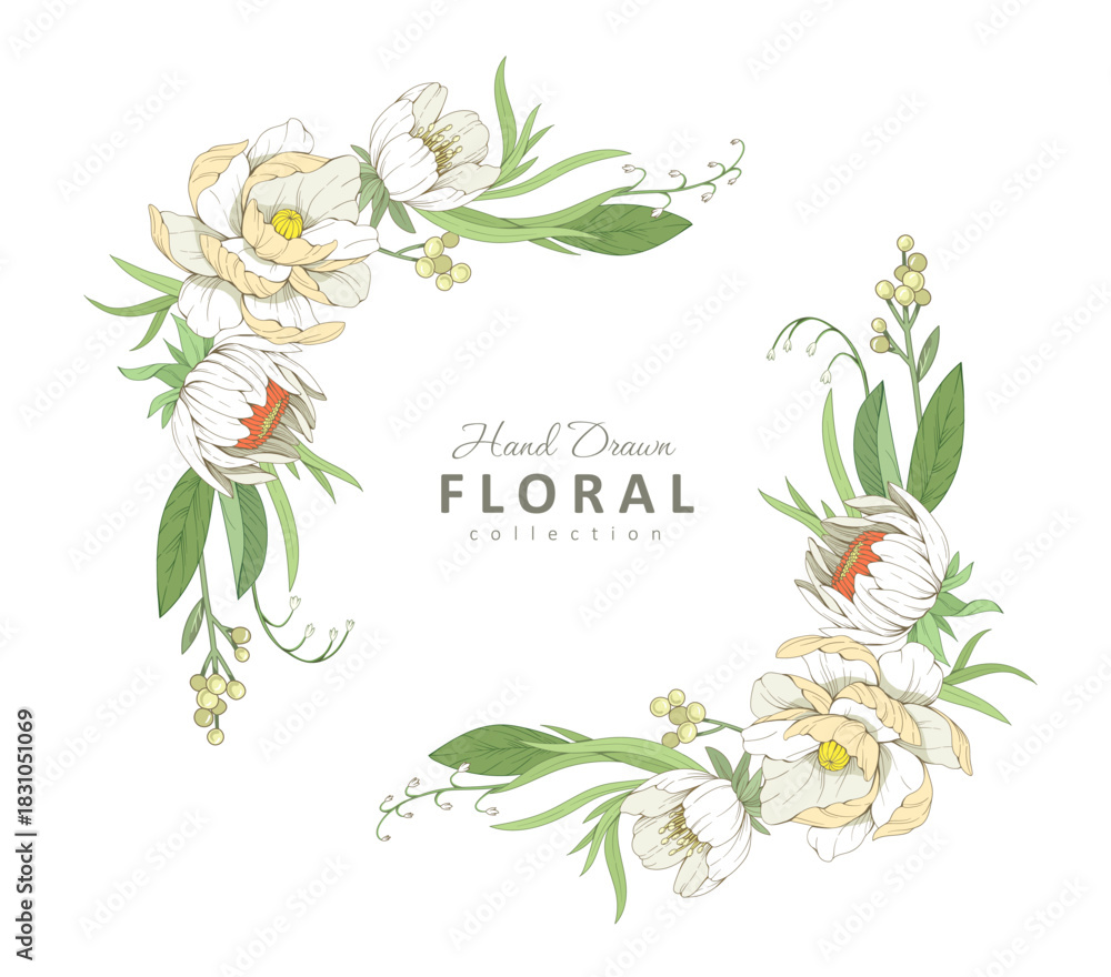 Naklejka premium Botanic set of detailed various flowers and brunch. Luxury vintage floral collection for wedding invitation, wallpaper art or save the date card